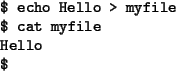 \begin{figure}\par\par\begin{list}{}{
\setlength{\rightmargin}{\leftmargin} \ra...
...llo~>~myfile}
\par\$~\textbf{cat~myfile}
\par Hello
\par\$\end{list}\end{figure}